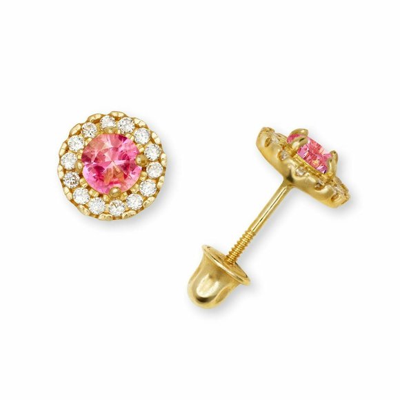 Solid 14K Yellow Gold Halo Birthstone Stud Screw Back Earrings w/ Sparkly Stones - Picture 10 of 12